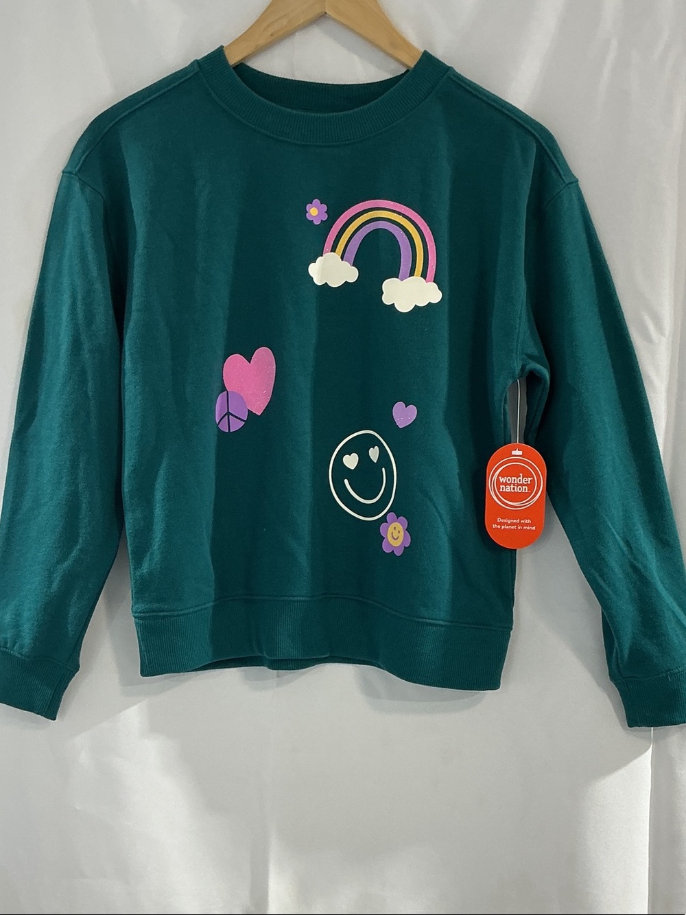 wonder nation Teal Crewneck Sweatshirt with Rainbow, Smiley & Heart Graphics